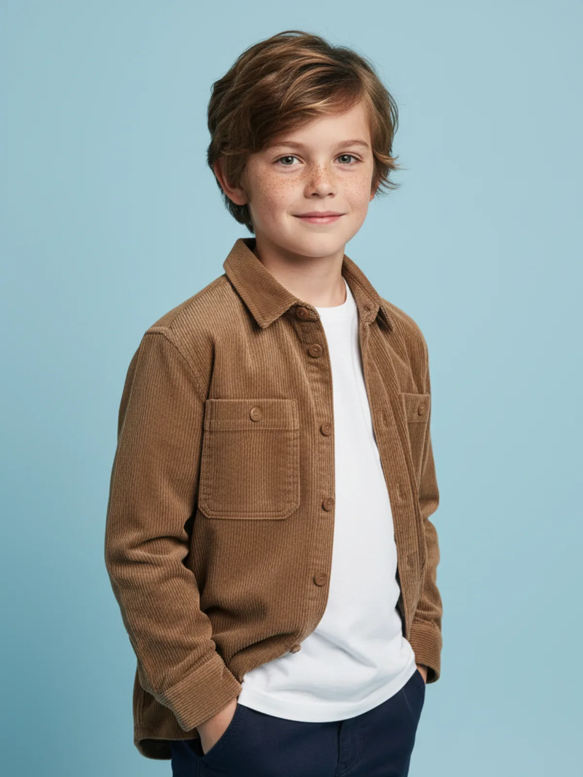 Zbliżenie na chłopca w sztruksowej koszuli rozpiętej, biały tshirt oraz granatowe spodnie typu chinos, brązowe włosy i niebieskie oczy, delikatnie spojrzenie w kadr