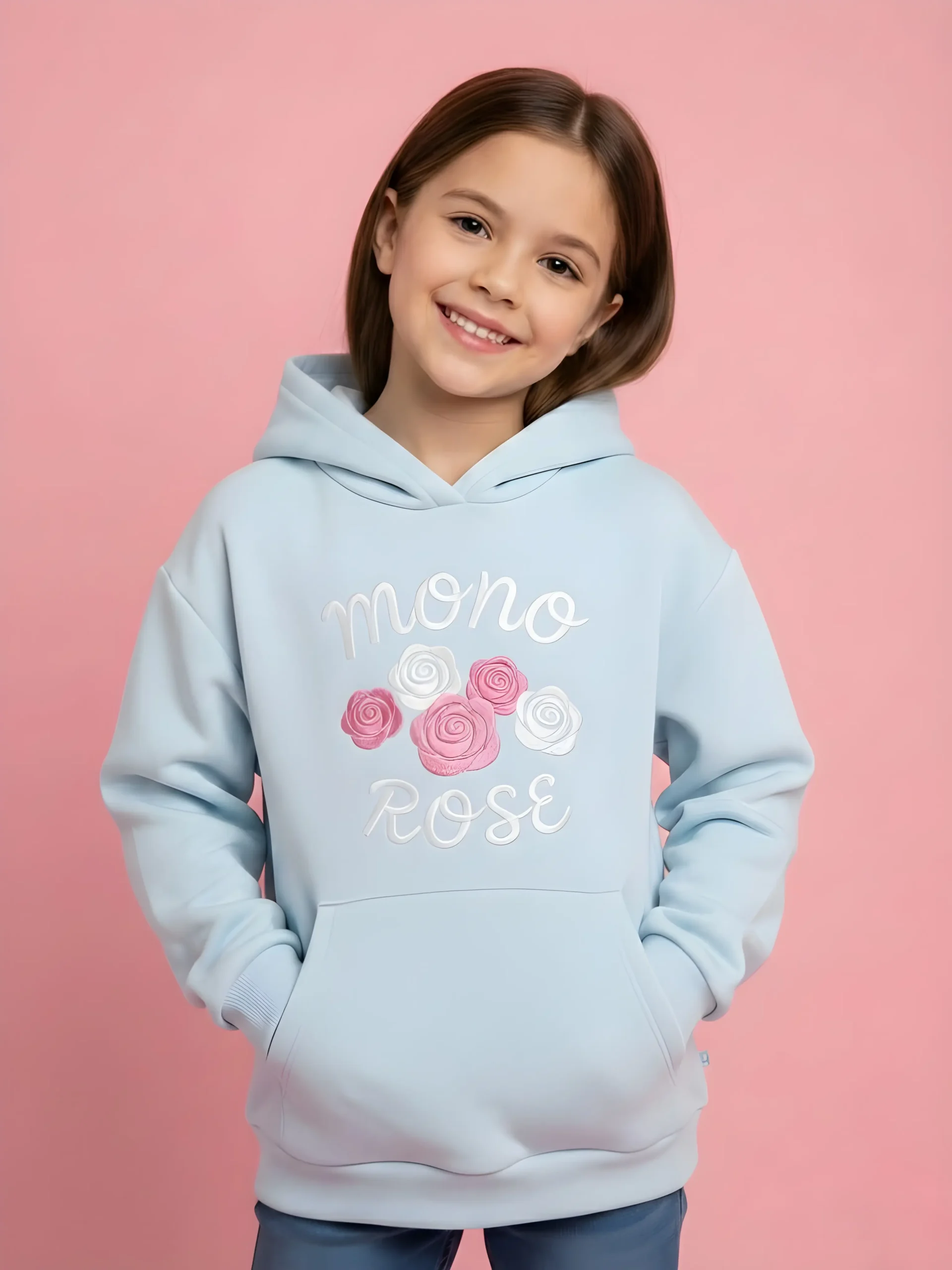 dziewczynka w niebieskiej bluzie sportowej z napisem monorose stoi na rozowym tle, rece w kieszeni bluzy, glowa przekrecona lekko w lewa strone