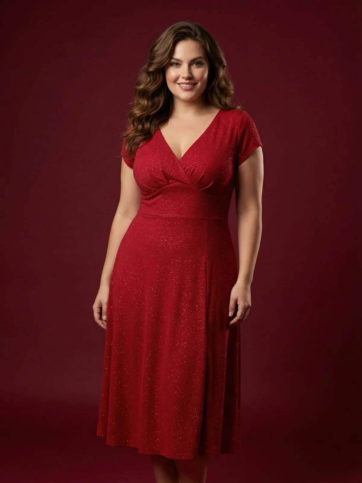 Brunetka modelka w długiej czerwonej brokatowej sukience na czerwonym tle w studio, uśmiechnięta pokazuje produkt