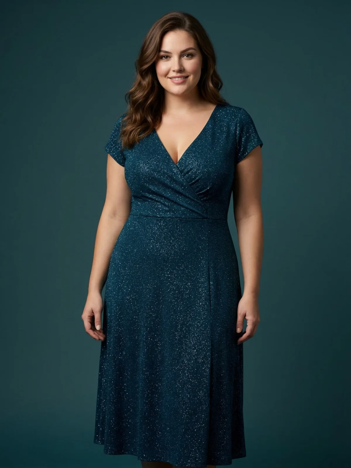 Modelka plus size prezentuje w studio na granatową suknie wieczrowoą na niebieskim tle w studio