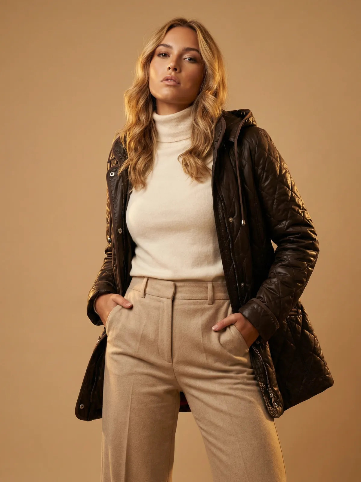 Blond modelka w czekoladowej kurtce przejściowej, ubrana w jasny golf, beżowe spodnie trzyma ręce w kieszeni podczas sesji