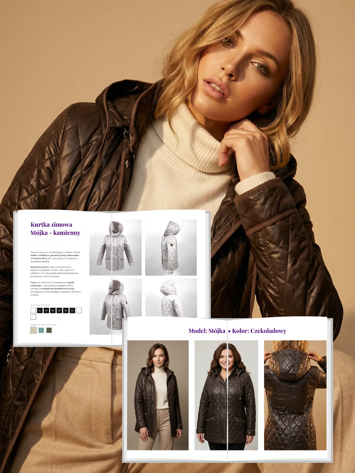 Blond modelka pozujaca na bezowym tle w studio fotograficznym, prezentoacja stron lookbooka na mockupach