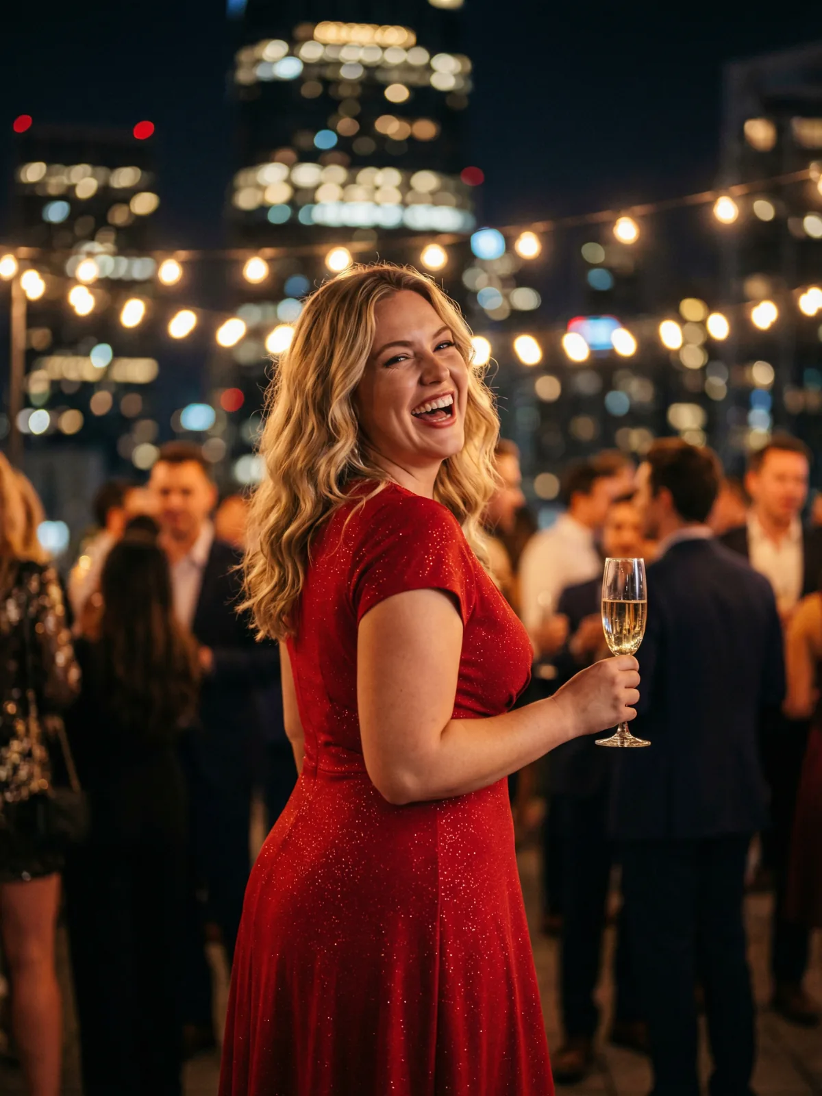 Wesoła blonydnka trzymająca kieliszek z szampanem na rooftopie świętuje awans w pracy, ubrana w brokatową czerwoną długią sukienkę.