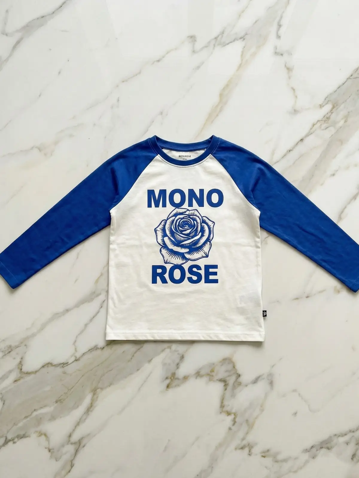 biało niebieska koszulka z długim rękawem dla chłopca, na koszulce nadruk z niebieska roza