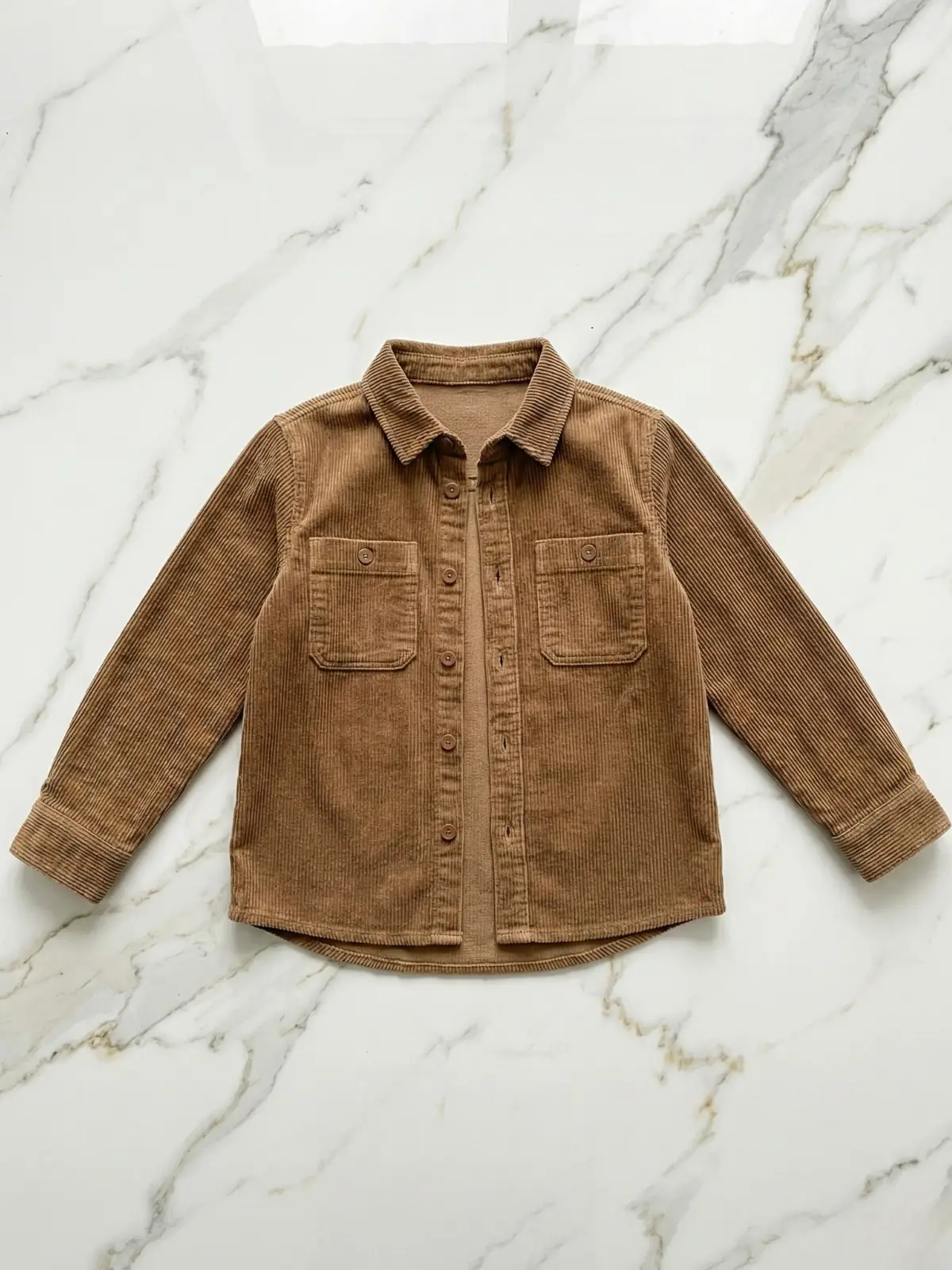 brazowa koszula dziecieca wykonana ze sztruksu, zdjecie typu flatlay na podlodze